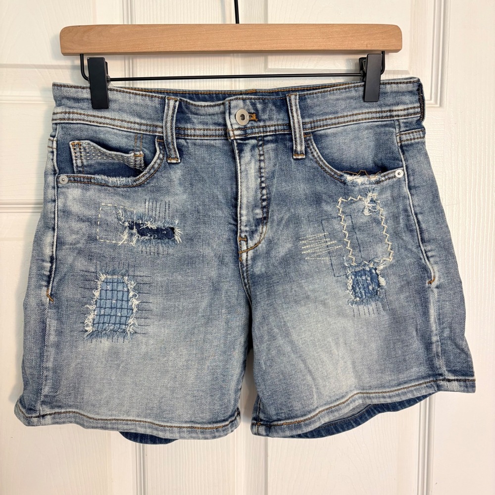 Pilcro Anthropologie Slim Boyfriend Jean Shorts 28 Blue Distressed Patchwork